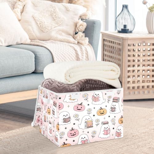 Bolaz Halloween Ghost Pumpkin Pink Storage Bins with Lids and Handles, Storage Box Basket with Cover Collapsible Organizer Containers for Home Closet, Shelves - Image 5