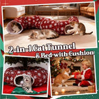 Christmas Cat Tunnel Tree Skirt – Warm Flannel Donut Tunnel Bed with Soft Cushion & Hanging Ball Toy, Peekaboo Cat Cave Under Tree for Indoor Cats to Prevent Christmas Tree Falling, Plaid Red - Image 3