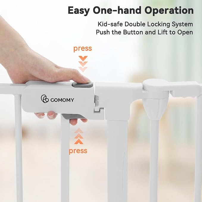 COMOMY 127.8" Extra Wide Baby Gate, Dog Gate for House Stairs Doorways | Auto Close Pet Gate with Door Walk Through, 5 Metal Panels, Hardware Mounted Baby Fence Indoor Outdoor(30" Tall,White)