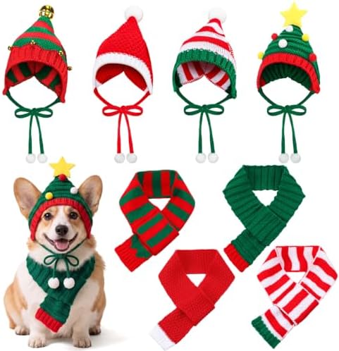 Dansydaisy 8 Pcs Christmas Dog Santa Hat and Scarf Set, Knitted Pet Costume by Dansydaisy