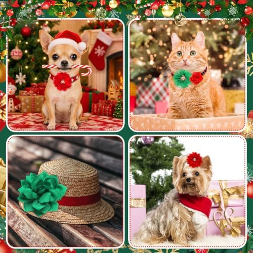 Hoteam 50 Pcs Dog Collar Flowers Bows Accessories, Christmas Red Green - Image 3