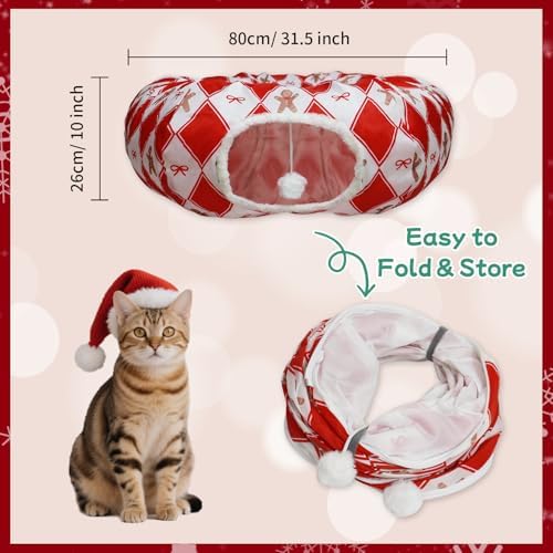 Plaid Cat Tunnel Christmas Tree Skirt, Multifunctional Christmas Tree Protector Cat Washable Indoor Cat Donut Cave Bed Kitty Hideout Tubes for Small Animal,32"×10" - Image 7