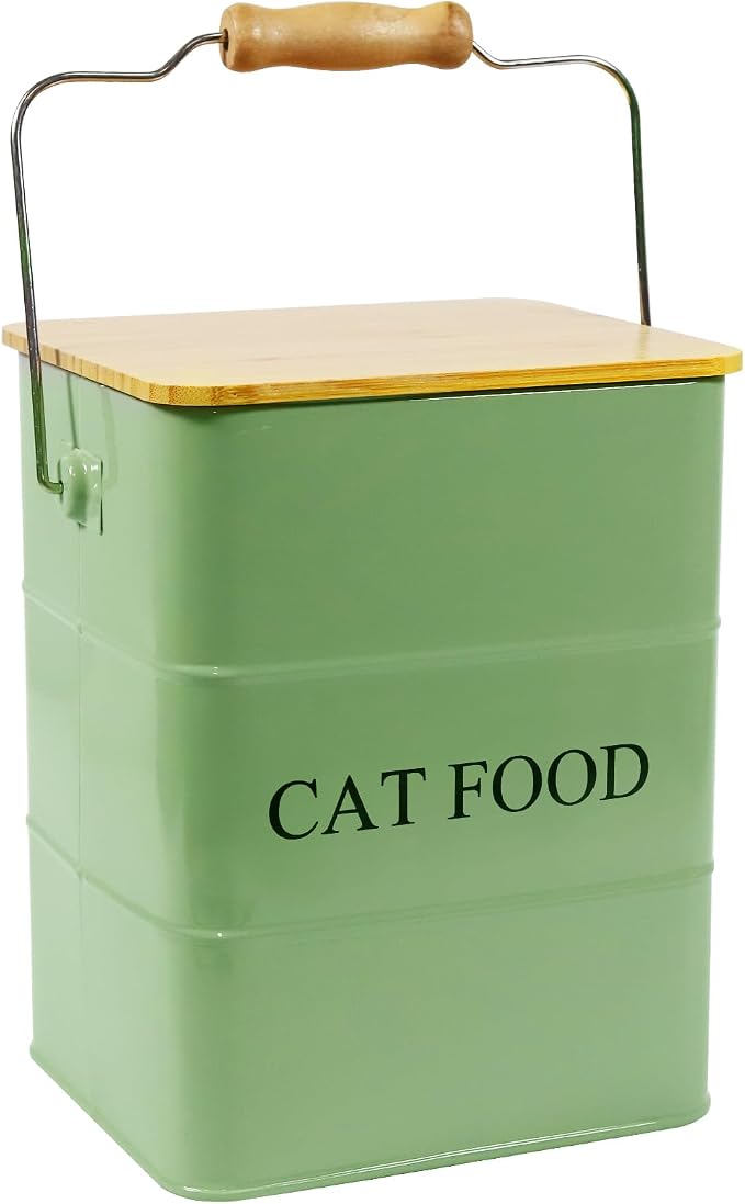 Morezi Cat food storage container storage bin with wooden lid scoop included green metal cat food container in kitchen countertop