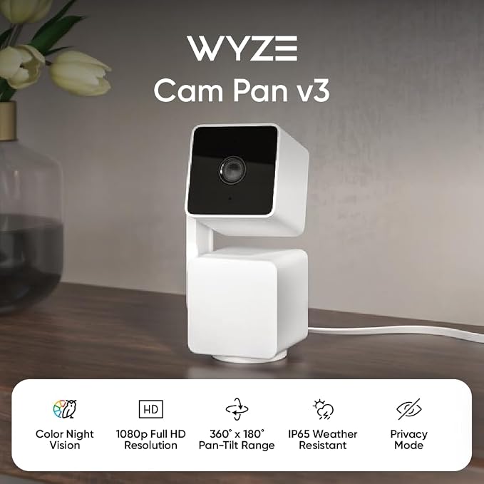 WYZE Cam Pan v3, Indoor/Outdoor IP65-Rated 1080p Pan/Tilt/Zoom Wi-Fi Smart Home Security Camera with Color Night Vision, 2-Way Audio, Compatible with Alexa & Google Assistant
