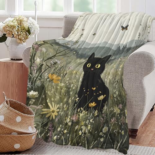 Black Cat Blanket Floral Wildflower Kitten Throw Blankets Gifts for Girls Boys Kids Cat Lover Soft Cozy Fleece Plush for Couch Sofa Bed 80"x60" - Image 4