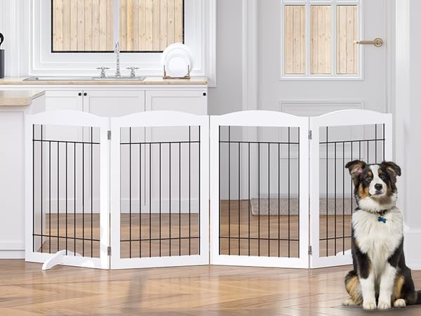 Spirich Free Standing Foldable Wire Pet Gate for Dogs, 80 inches Extra Wide, 30 inches Tall 4 Panels Dog Gate for the House, Doorway, Stairs, Pet Puppy Safety Fence,Set of Support Feet Included, White