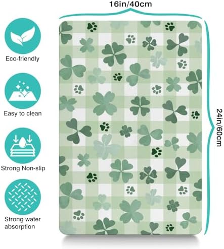 St Patricks Day Dog Food & Water Mat, Green Shamrocks Paw Prints Clover Pet Feeding Mat for Floor Non-Slip Waterproof, Super Absorbent Cat Bowl Mat, Easy to Clean Pet Placemat,16" × 24" - Image 6
