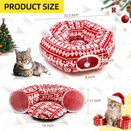 Christmas Tree Cat Tunnel Bed-Christmas Cat Donut Tunnel with Tree Skirt, Multifunctional Round Pet Cave Toy Suitable for Kittens/Puppies/Rabbits/Ferret(Comfortable Cotton) - Image 3