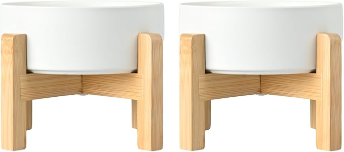 SPUNKYJUNKY Ceramic Elevated Dog Bowls 2 Pack - 6.1inch Raised Dog Bowls with Non-Slip Wooden Stand for Medium Dogs Dishwasher Safe(White,28.7OZ*2)