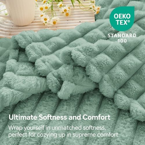 BEDELITE Sage Green Checked Fleece Twin Throw Blanket for Bed, 60x80 Inch - Image 6