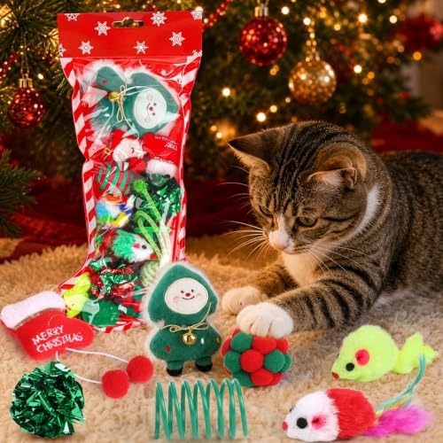Christmas Stocking Cat Toys, 15PCS Christmas Cat Toy Set with Mouse, Squeaky Toys, Balls, Cat Teaser, Indoor Interactive Cat Toy Gift - Green - Image 4