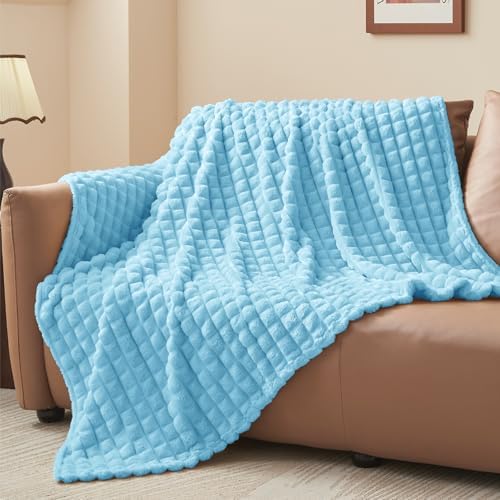 BEDELITE 3D Checked Light Blue Fleece Throw Blanket for Couch, 50x60 Inches - Image 2