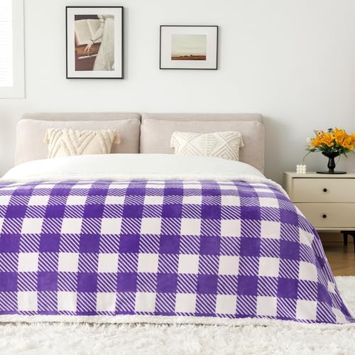 Touchat Sherpa Plaid Twin Blanket 60" X 70", Fuzzy Fluffy Soft Cozy Throw Blanket, Twin Size Plush Fleece Flannel Plush Microfiber Blanket for Couch Bed Sofa (PurpleWhite) - Image 4