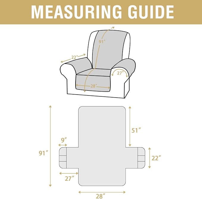 H.VERSAILTEX 100% Waterproof Recliner Chair Covers 1-Piece Reversible Recliner Covers for Large Recliner with Elastic Straps Sitting Width Up to 28" (Oversized Recliner, Grey/Beige)
