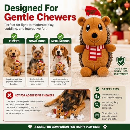 Christmas Hedgehog Squeaky Dog Toy for Small & Medium Dogs, Soft Plush Stuffed Puppy Toy with Built-In Squeaker, Interactive Indoor Play Toy for Gentle Chewers, Machine Washable Holiday Dog Gift - Image 3