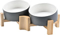 SPUNKYJUNKY 15° Slanted Ceramic Dog and Cat Bowl with Wooden Stand, Tilted Bulldog Food and Water Bowl No Slip Non-Spill for Cats Medium Dogs Big Face Pets 13.5 OZ (1.7 Cups, White-Grey × 2)