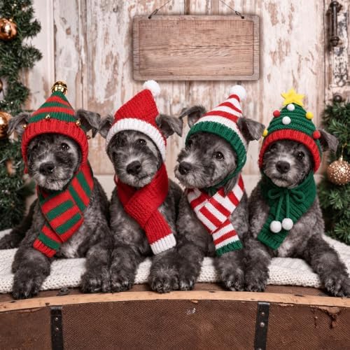 Dansydaisy 8 Pcs Christmas Dog Santa Hat and Scarf Set, Knitted Pet Costume - Image 6