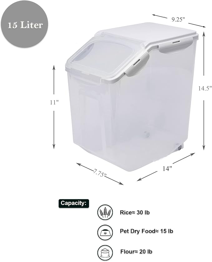 15 Liter / 30 lbs Rice Storage Container with Measuring Cup, BPA free, For Rice | Grain | Pet Food | Flour, 1 count, Clear