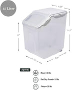 15 Liter / 30 lbs Rice Storage Container with Measuring Cup, BPA free, For Rice | Grain | Pet Food | Flour, 1 count, Clear
