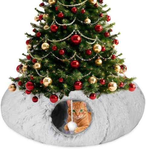 Plush Cat Tunnel Bed for Indoor Cats, Collapsible Cat Donut Tunnel with Central Mat, Fluffy Cats Cave Tube with Hanging Ball for Kitten Rabbit Puppy Ferret by Lonepetu
