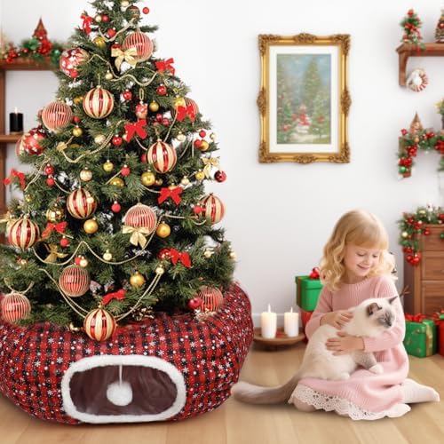 Buffalo Plaid Cat Tunnel Christmas Tree Skirt, Multifunctional Christmas Tree Protector Cat Washable Indoor Cat Donut Cave Bed Kitty Hideout Tubes for Small Animal,35"×10" - Image 6