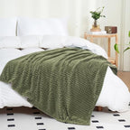 Puncuntex Fleece Throw Blanket Olive Green 60"×80" with Square Grid Design by Puncuntex