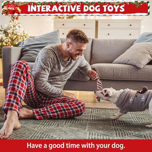 SCENEREAL Christmas Dog Rope Toys, 4pcs Doggy Chew Toys with Stocking for Teething Cleaning, Squeaky Plush Puppy Toy, Interactive Dog Stocking Stuffers, Xmas Gifts for Small Medium Large Dogs - Image 3