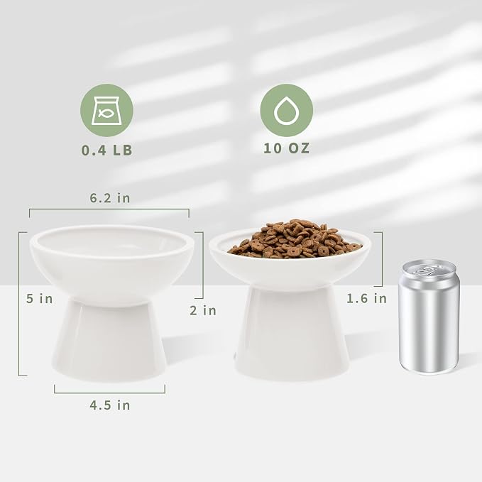 CEEFU 2-Pack Elevated Ceramic Cat Bowls Extra Wide for Food & Water | Anti Vomiting, Whisker Friendly, Shallow Food Dish and Deep Water Bowl, Lead&Cadmium-Free, Raised Height for Cats, White