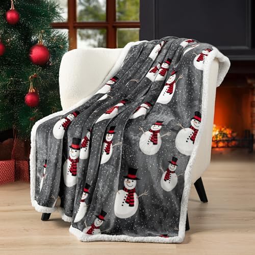 PAVILIA Premium Christmas Sherpa Throw Blanket, 60x80, Grey Snowman Cozy Fleece Holiday Blanket, Reversible Plush Winter Throw for Couch & Bed, Ultra Soft Warm Christmas - Image 7