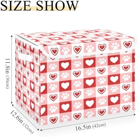 Bolaz Red Checkboard Dog Footprint Hearts Pattern Storage Bins with Lids and Handles, Foldable Storage Box Storage Basket with Cover Collapsible Organizer Containers for Home Closet, Shelves - Image 3