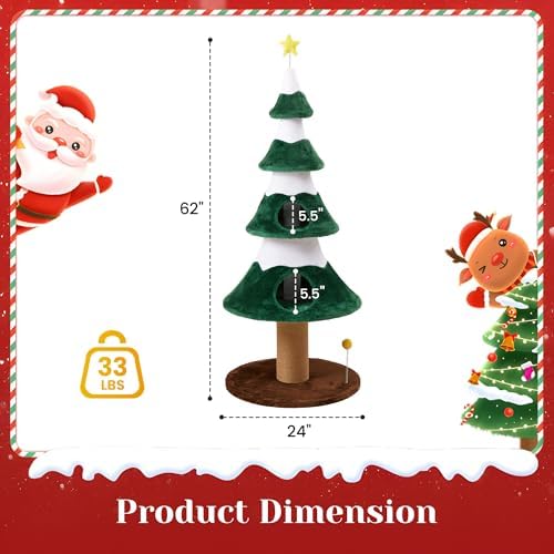 62" Cat Tower for Indoor Cats, Multi-Level Wooden Cat Tree with Sisal Scratching Posts, Cozy Cat Beds & Modern Holiday Design, Green - Image 5