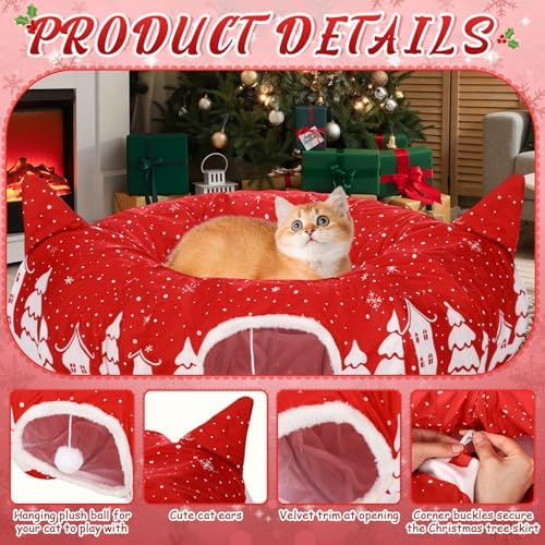 Kinlop Cat Tunnel for Christmas Tree Skirt 35.4'' Fluffy Plush Cat Donut Tunnel Bed Under Christmas Tree with Central Mat Collapsible Warm Soft Kitten Tube Cave for Kitten Small Animal - Image 4