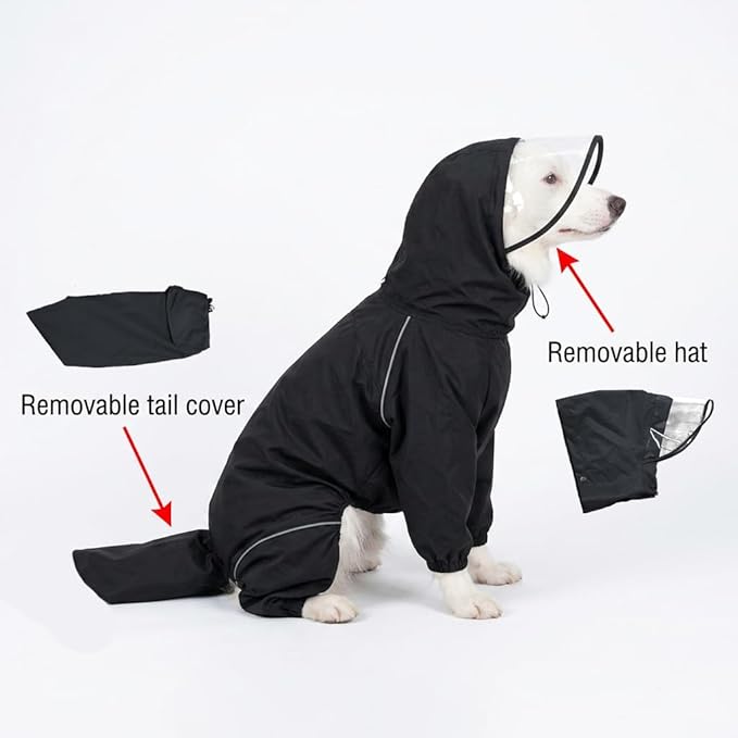 Dog Raincoat for Medium Large Dogs,rain Jacket Coat, Full Leg Coverage Waterproof Rain Suit with Detachable Hood & Tail, Reflective Strips, Snag-Free Top Zipper (Black for Girl, X-Small)