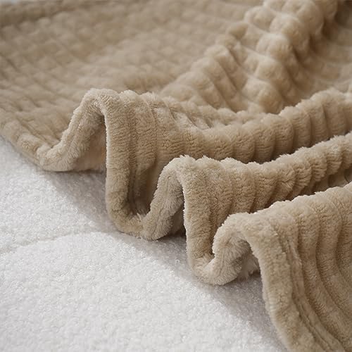 Puncuntex Fleece Throw Blanket Khaki 60"×80" with Square Grid Design - Image 5