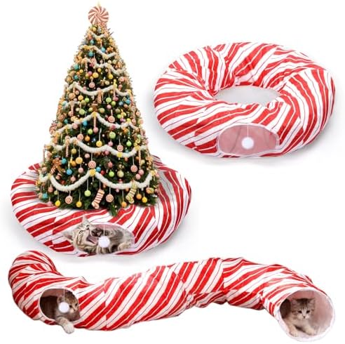Leyndo 37 x 10 Inches Candy Cane Cat Tunnel Christmas Tree Skirt Bed Under Christmas Tree Cat Cave Donut with Central Mat Festive Decor for Small Medium Large Cats, Kittens, Rabbit by Leyndo