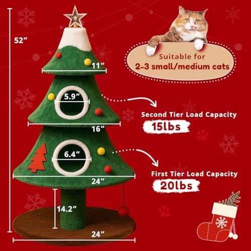 LUCKLIFE 52" Christmas Cat Tree with 2 Cozy Houses,Indoor Modern Cat Tower with Anti-Tip Kit,Plush Perches & Hanging Balls,Holiday Cat Climbing Furniture for Kittens to Play and Sleep - Image 2