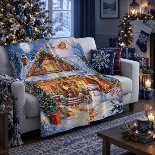 Neasow Christmas Throw Blanket, Cabin and Snowman Christmas Eve Design Soft Fuzzy Cozy Flannel Blanket Gift for Family and Friends Home Sofa Couch Chair Decorative 50x60 Inch - Image 3