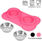 AsFrost Dog Food Bowls Stainless Steel Pet Bowls & Dog Water Bowls with No-Spill and Non-Skid, Feeder Bowls with Dog Bowl Mat for Dogs Cats and Pets-Pink, 24 0z in Total