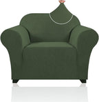 Stretch Chair Covers for Living Room, Washable Armchair Slipcovers, Fitted Chair Slip Cover Jacquard Small Checked Furniture Protector with Elastic Bottom(Armchair 31"-40",Bronze Green)