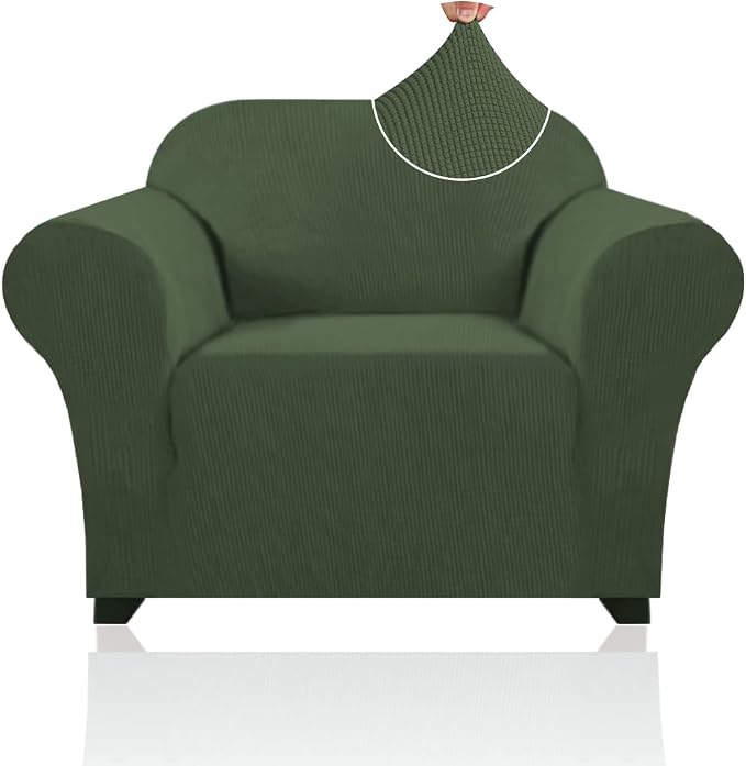 Stretch Chair Covers for Living Room, Washable Armchair Slipcovers, Fitted Chair Slip Cover Jacquard Small Checked Furniture Protector with Elastic Bottom(Armchair 31"-40",Bronze Green)