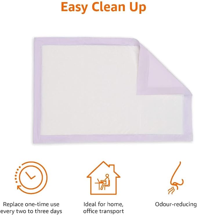 Amazon Basics Cat Pee Pads, Super Absorbent, Odor Control with Lemon Scent, Universal Fit for Cat Litter Box System, Multi Cat, Disposable, White/Purple, 100 Count