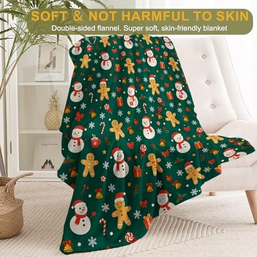 Christmas Snowman Gingerbread Decorative Throw Blanket, Candy Cane Bell Print Decoration, Soft Flannel Winter Blankets for Couch Bed Sofa, Holiday Home Decor, Xmas Festival Gifts 40x50 Inch - Image 2
