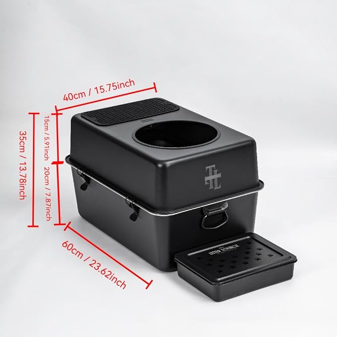 304 Stainless Steel Cat Litter Box, Fully Enclosed Leak-Proof & Rust-Proof Top-Entry XL Litter Box with Metal Scoop, Litter Mat, Side Clamps & Handles for Large Cats (Black, X-Large)