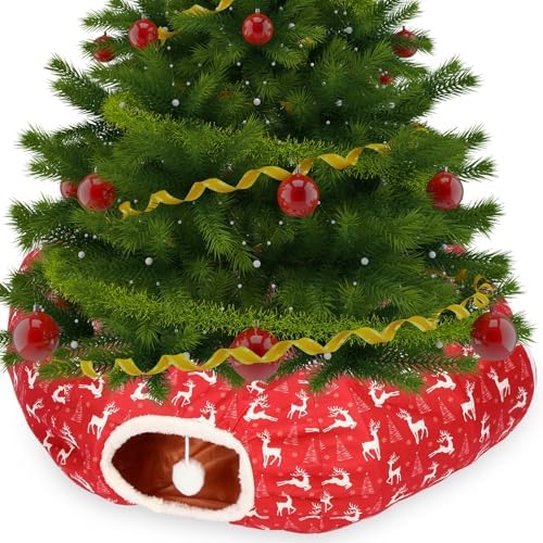 Cat Tunnel Christmas Tree Skirt Cat Bed Indoor 3 ft x 3 ft x 10 Inch Kitten Donut Tunnel with Ball Peekaboo Cave Pet Bed Round Hideaway Holiday Cave Circle Pets Gift(Elk) by Yeyeplum