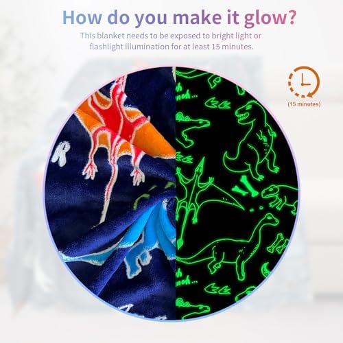 COMFAR Dinosaur Blanket for Boys, Dinosaur Glow in The Dark Blanket for Kids, Soft Fleece Blankets and Throw, Birthday 40"x 60" - Image 3