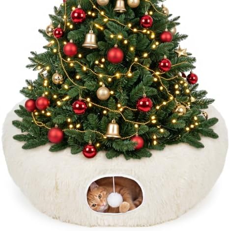 Supet Christmas Cat Tunnel Bed, Plush Tree Skirt with Cushion & Hanging Toy by Supet