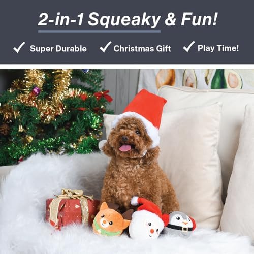 HugSmart Pet Merry Dogmas Squeaky Dog Chew Toy 2-in-1 Christmas Spiky Balls No Stuffing Interactive Toss and Fetch Plush Dog Balls for Small Medium Large Breeds (Snowman Santa Reindeer 3 Pack) - Image 3
