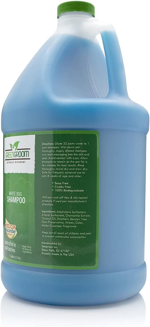 Green Groom White Dog Shampoo, Whitening and Brightening, Gentle, 1 Gallon | 32:1 Concentrate, Restores Light Coat Tones, Coconut Oil and Protein Condition Dry Coats, Pet Grooming Wash, Groomer Grade