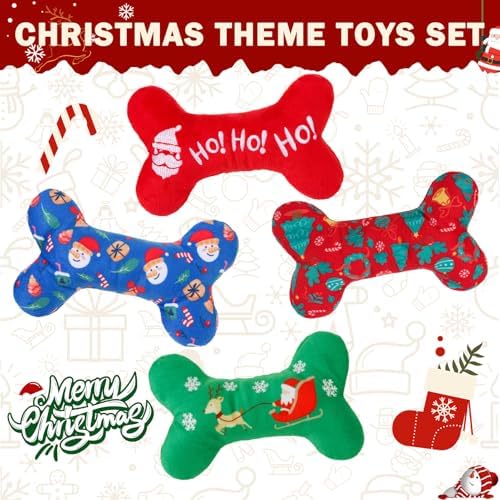 SCENEREAL Christmas Dog Toy Pack 4, Durable Cute Interactive Dog Stuffed Plush Squeaky Toys with Squeaker, Pet Chew Toys for Small Medium Dogs Puppies Bone Shape - Image 5