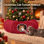 Supet Christmas Cat Tunnel Bed, Plush Tree Skirt with Cushion & Hanging Toy - Image 2